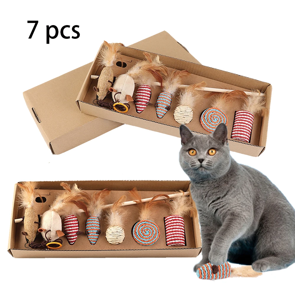 

7pcs Replacement Cat Toy Set Cat Stick Teaser Feather Ball Mouse Toy with Mini Bell Cat Interactive Toys Cat Toys Pet Products