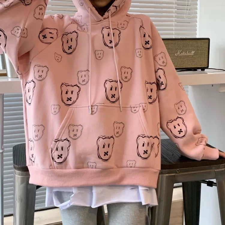 

Vetement Femme Kawaii Cartoon Bear Print Oversized Hoodie Japanese Fashion Women Tops Long Sleeve Sweet Sweatshirt Women