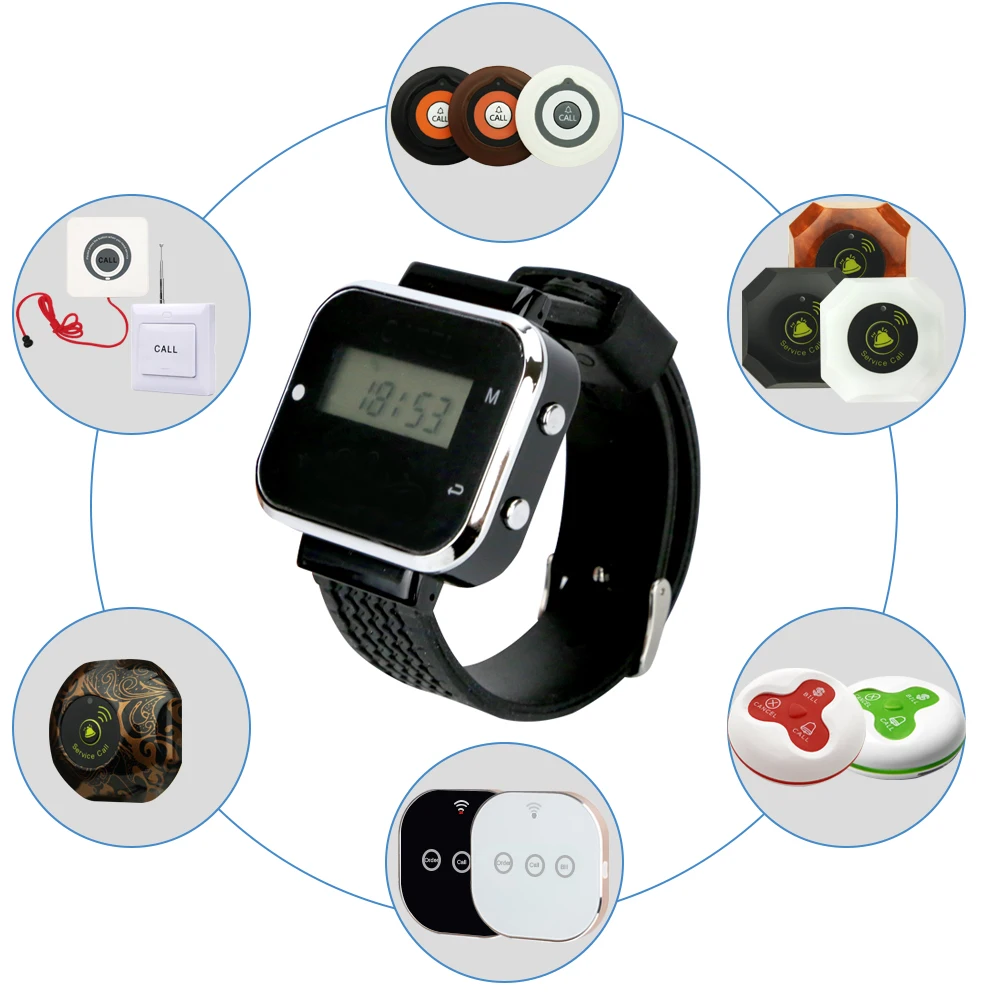 

JINGLE BELLS 2 watch receiver 20 call button transmitter wireless guest calling system for restaurant hotel cafe in 433.92mhz