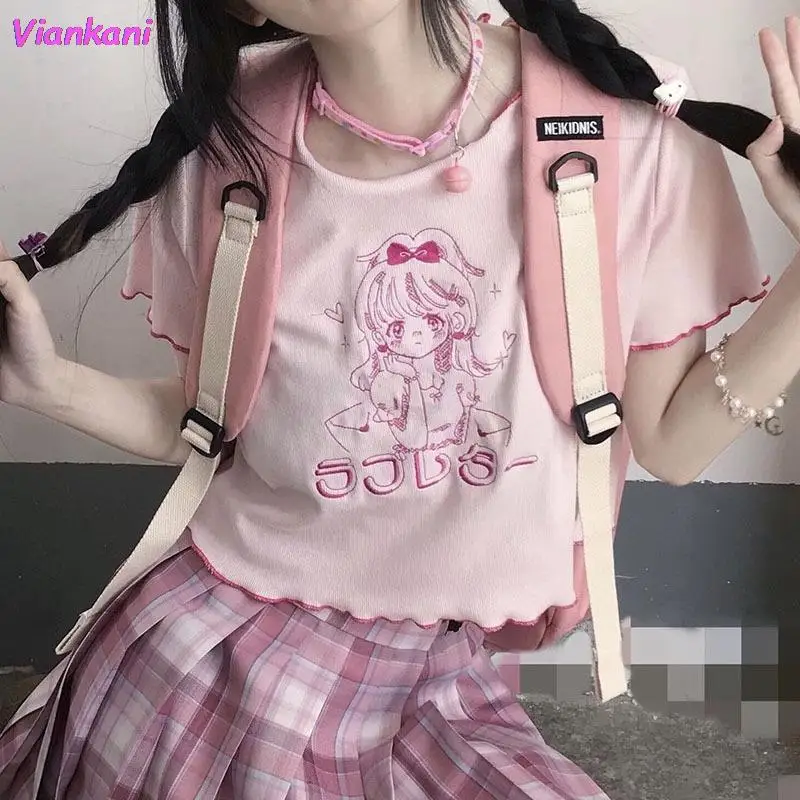 

Kawaii Girl T Shirt Women 2021 Harajuku New Cropped Tops Fashion Summer Thin Pink Feminine Clothes Kpop Tee Shirt Streetwear