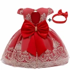 Зимнее платье для девочек на 1 год, день рождения, кружевные платья с красным бантом для девочек, детская юбка-пачка, одежда для маленьких принцесс, свадебное платье, платье