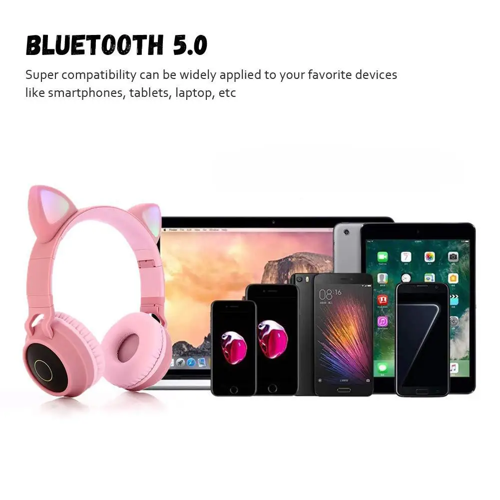 Bluetooth 5.0 Stereo Foldable Wireless Headset with LED Light, Cute Cat Ear Design, Mic, TF Card, FM Radio, and 3.5mm Plug image 6