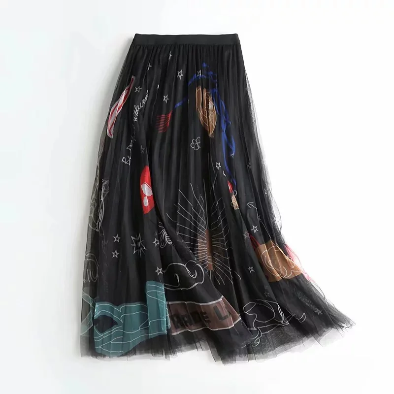 

MIGAZURE Long length Skirts Women Black Interested Pattern Mesh Skirt Girls