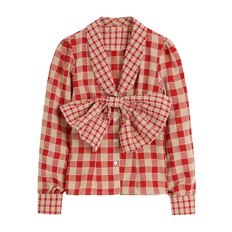 

Women French Style Blouse Plaid Bow Decoration Long Sleeve Single Breasted V-Neck Temperament Shirt Tops 2021 Autumn Chic New