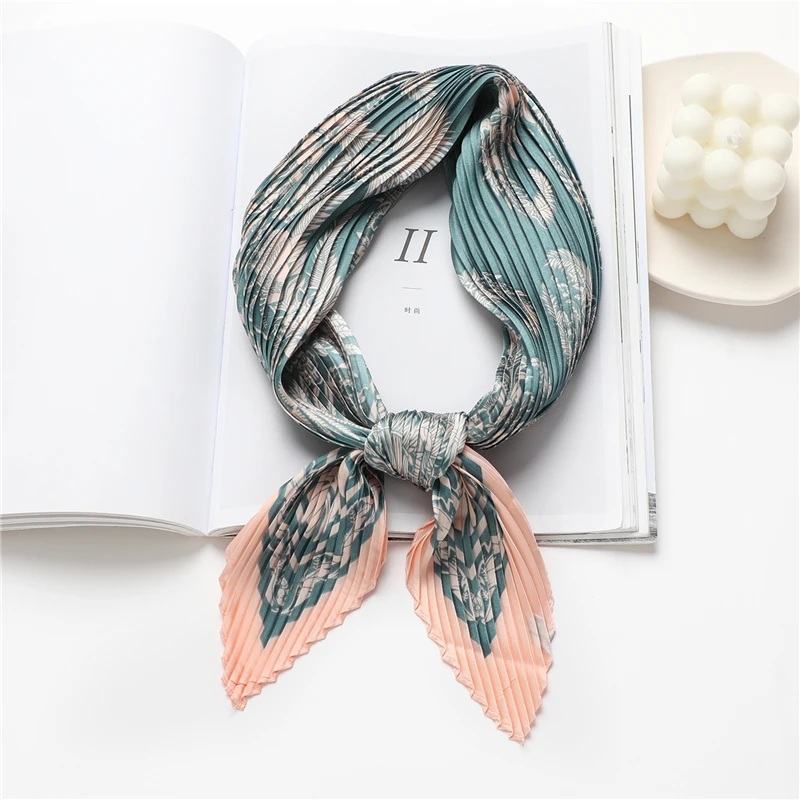 

2021 Crinkle Satin Square Scarf For Women Headband Silk Shawl Print Neckerchief Female Hair Wraps Foulard Hijab Fashion Bandana