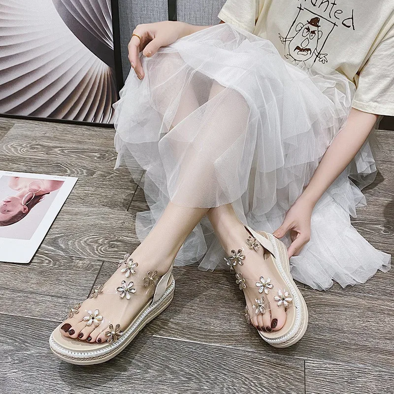 

Clear Heels High Heeled Sandals Woman 2021 Ladies Shoes Summer Med Muffins shoe Increasing Height Suit Female Beige Clogs Wedge