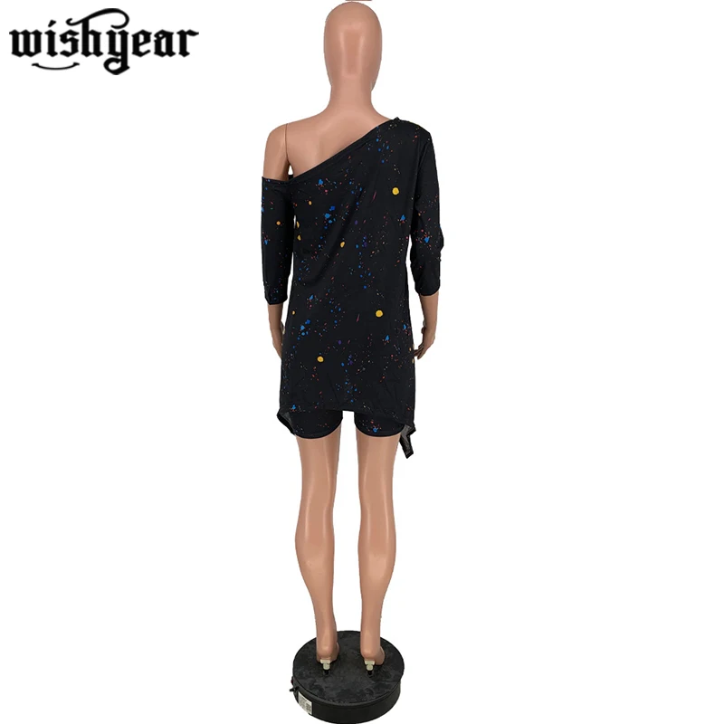 

Abstract Paint Printed Two Piece Suits Woman Casual Short Sleeve Loose T-Shirt Asymmetrical Hem+ Shorts 2021 Summer Tracksuit