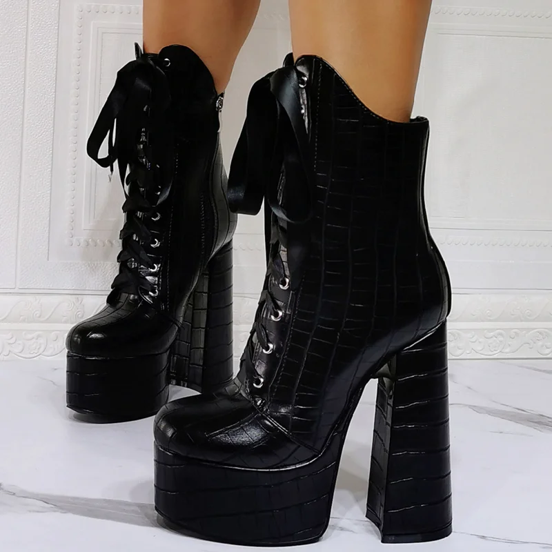 Winter Shoes Boots Black Chunky High Heel Platform Ankle Boots Stone Print Round Toe Fashion Short Booty Lace Shoes Zip Size 47