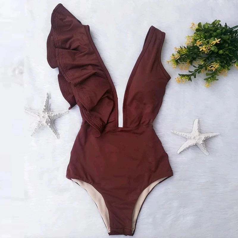 Сексуальный цельный купальник 2020 женский с v-образным вырезом однотонная пляжная