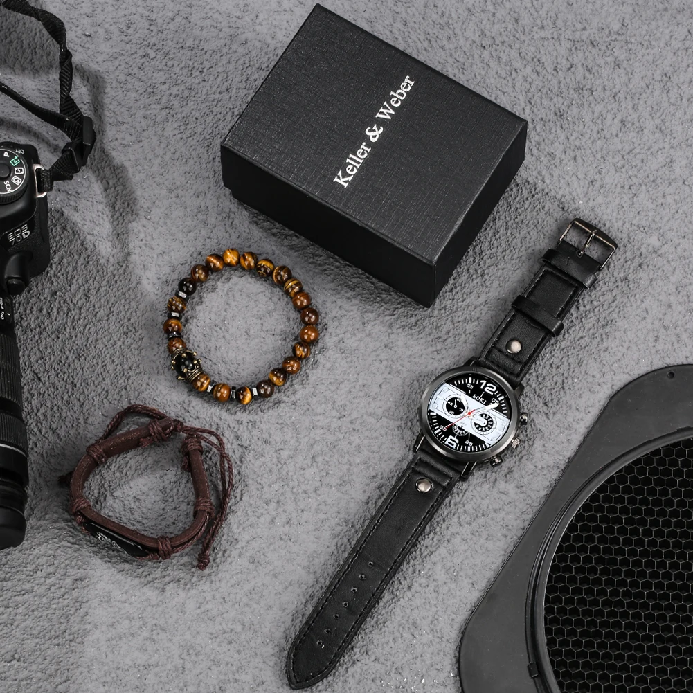 Men Watch Luxury Set Wolf Bracelet Black Quartz Watches Crown Bead Bracelets Male Wristwatch Gift Boyfriend Husband Reloj Hombre