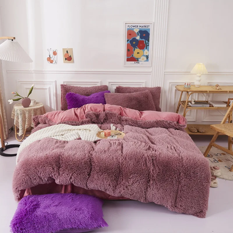 

Luxury Winter Warm Bedding Set Double Side Thicken Mink Fleece Bed Linens and Pillowcases Quilt Cover 4 Pcs Queen King Size Home