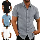 Рубашка мужская свободного покроя, Льняная блуза с короткими рукавами, мешковатая, на пуговицах, однотонная Удобная Повседневная, из чистого хлопка и льна, для отдыха, лето