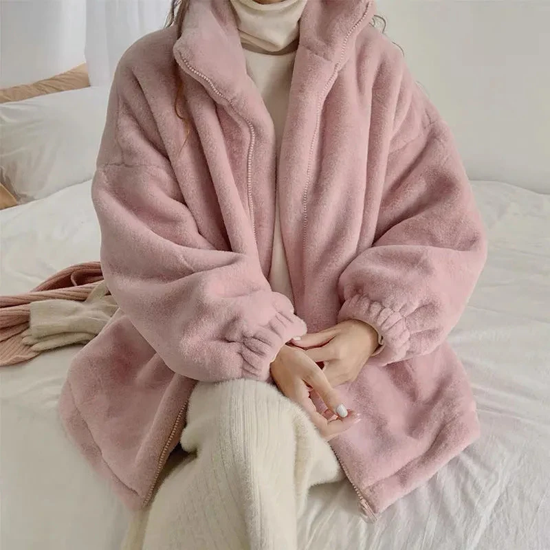 

Женская зимняя куртка из искусственного кроличьего меха, розовая Толстая Свободная куртка средней длины из искусственного меха, на молнии, ...