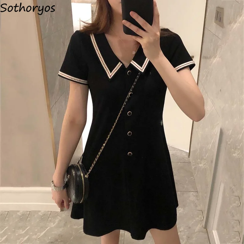 

Short Sleeve Dress Women Preppy Style Turn-down Collar Button Black Dresses Slim French Style Temperament Girl Streetwear Trends