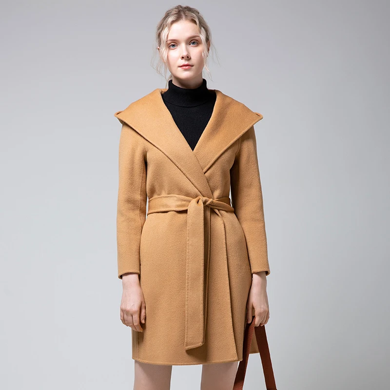 

Women's wool coat in long autumn and winter new hooded jacket thickening