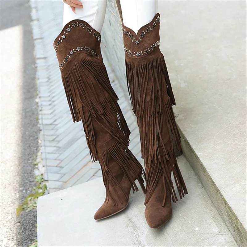 

Fashion Full Fringed Women Thigh High Boots Suede Tassels Pointed Toe Over the Knee Boot 9CM High Heel Riding Long Botas Mujer