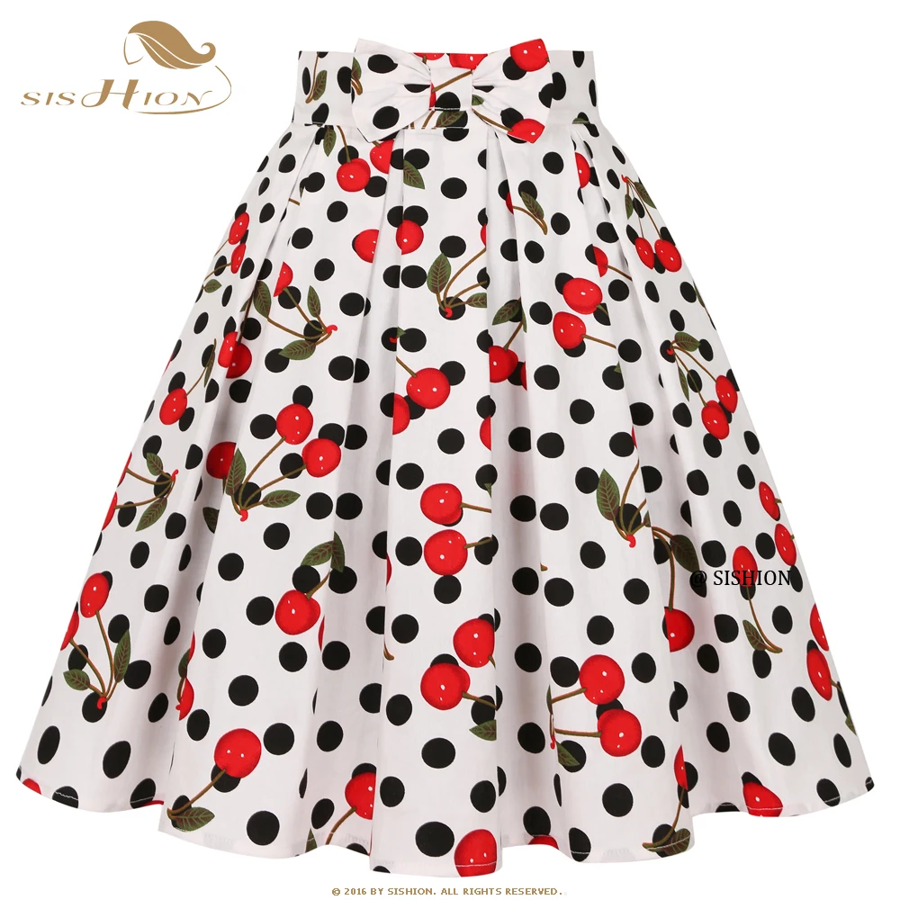 

SISHION Women Y2K Polka Dots Print White Cherry Skirt SS0012 With Pockets Summer 50s Vintage Cotton Retro Pleated Midi Skirt