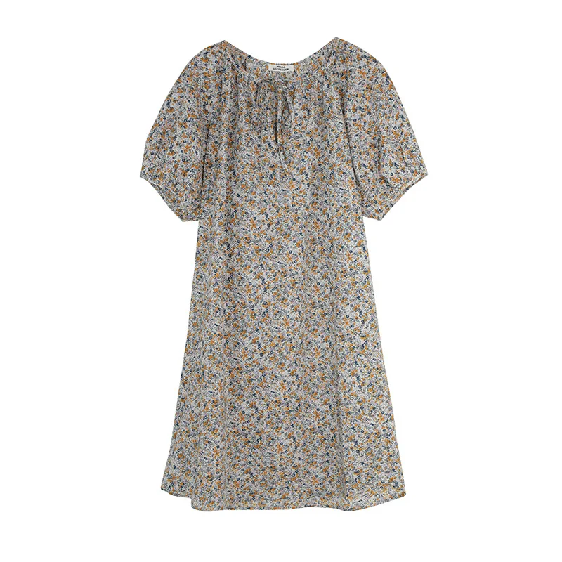 

Floral Print Mini Dress Women Summer O Neck Pleated Casual Dresses Fashion Lantern Short Sleeve Dress Vestidos Women's Robe