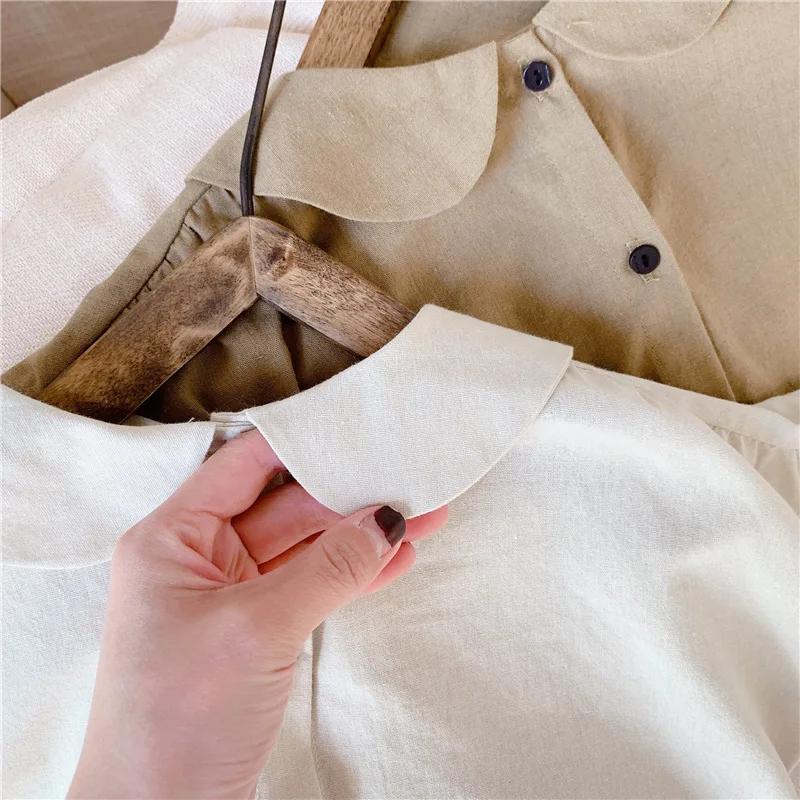 

Shirt Girl short-sleeved children's Clothing 2021 Summer New Washed Cotton Cloth Doll Collar Top Solid Color Kids 20397