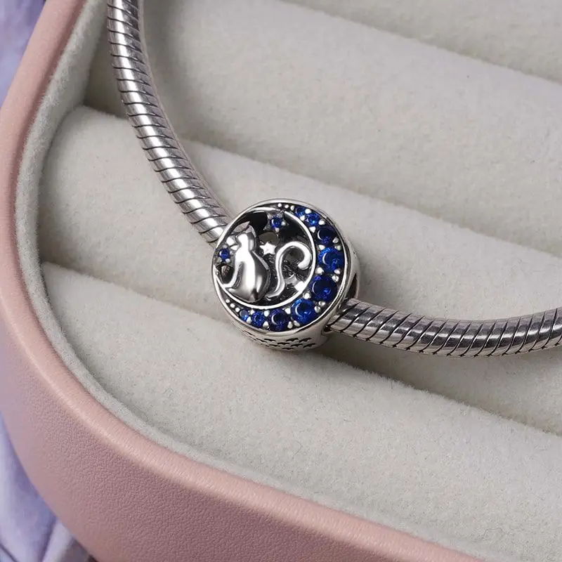 Бусина-Шарм Кот на Луне из серебра 925 пробы | Украшения и аксессуары