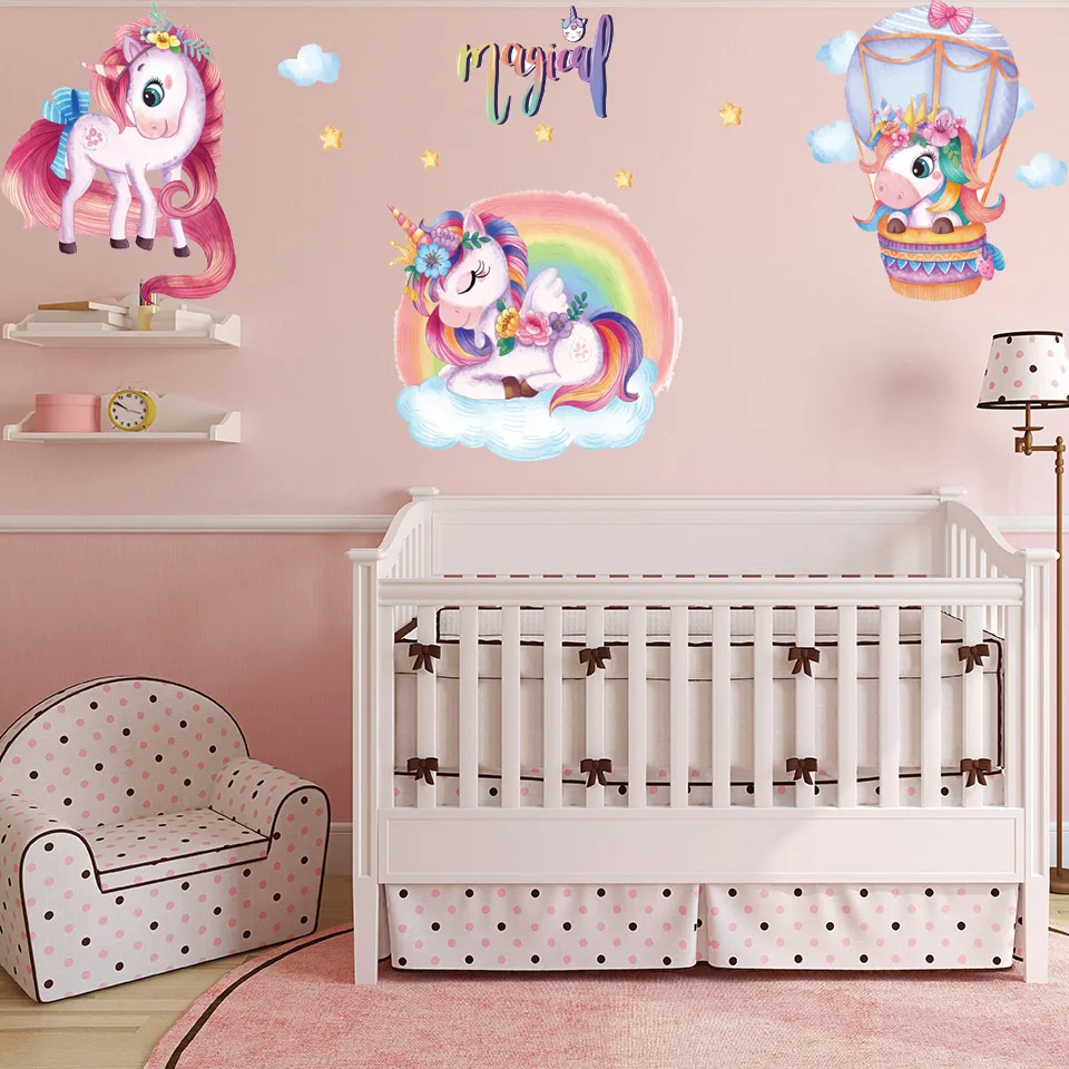 

Fairy Unicorn Rainbow Wall Stickers for Kids Rooms Girls Baby Room Decoration Kawaii Nursery Wallpaper Cute Cartoon Animal Vinyl