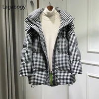 lagabogy 2021 new winter coat women hooded black white plaid puffer jacket 90 white duck down parkas thick warm loose outwear