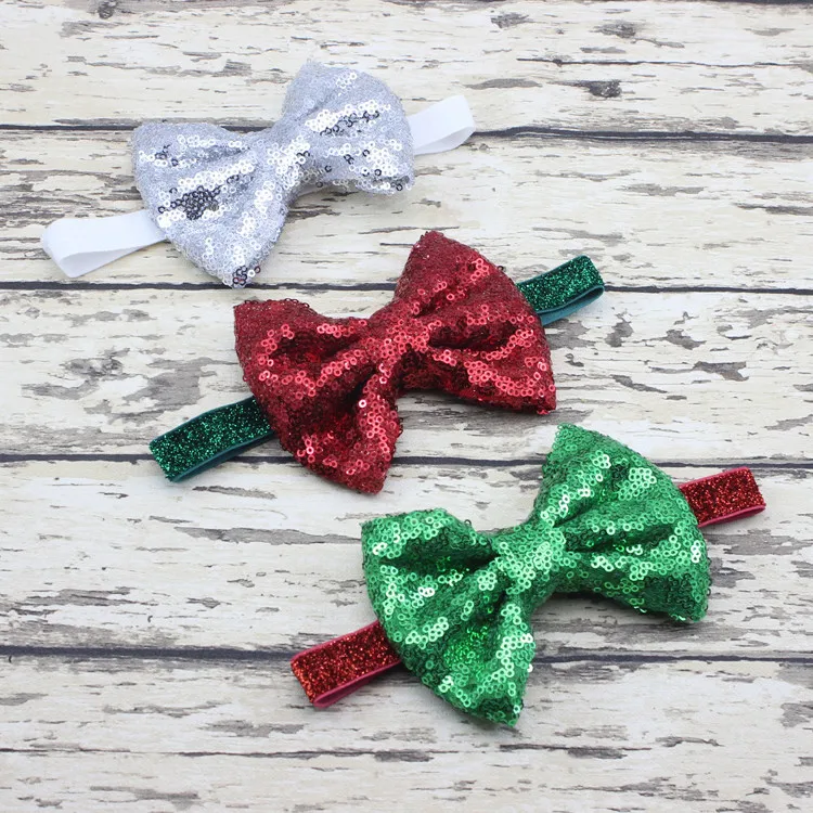 

High-quality New Three-color Pure Color Sequined Bow Headband Christmas Gift Elastic Thin Headband