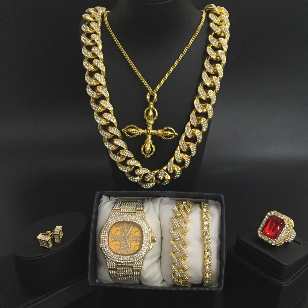 Роскошные мужские часы золотого цвета ожерелье браслет кольцо и серьги