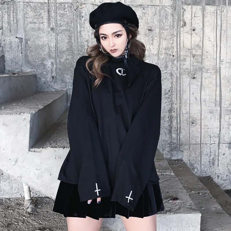 Новинка женские весенне-Осенние футболки в стиле панк черные свободные
