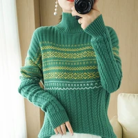 pure wool sweater half high neck color blocking jacquard sweater womens 2021 autumn winter loose all match knitted ladies top
