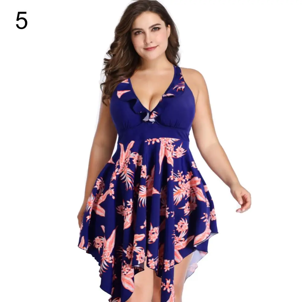 

80% Hot Sell Plus Size Beach Flower Print Halter Women Swimdress Briefs Two-Piece Tankini Set