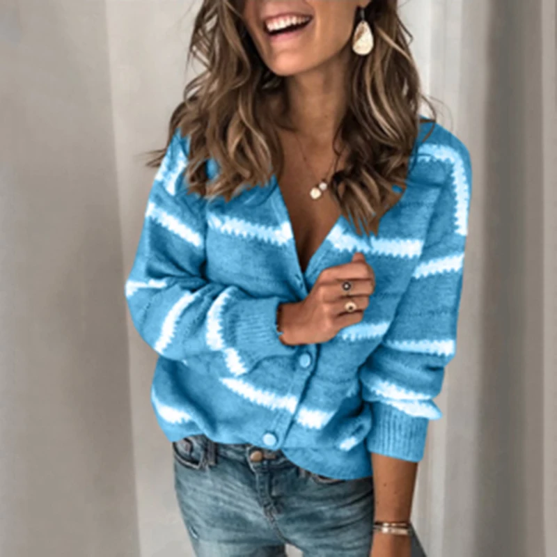 

2021 Autumn Winter Women's Sweater Fashion Sexy Deep V-neck Long Sleeve Stripe Buttons Sweater Casual Sweater Cardigan Coats