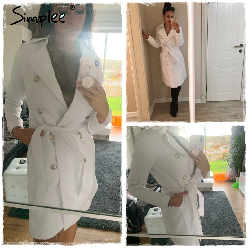 Simplee Vintage двубортный белый длинный плащ двубортный белый длинный плащ для женщин тонкий плащ офис сплошной плащ платье
