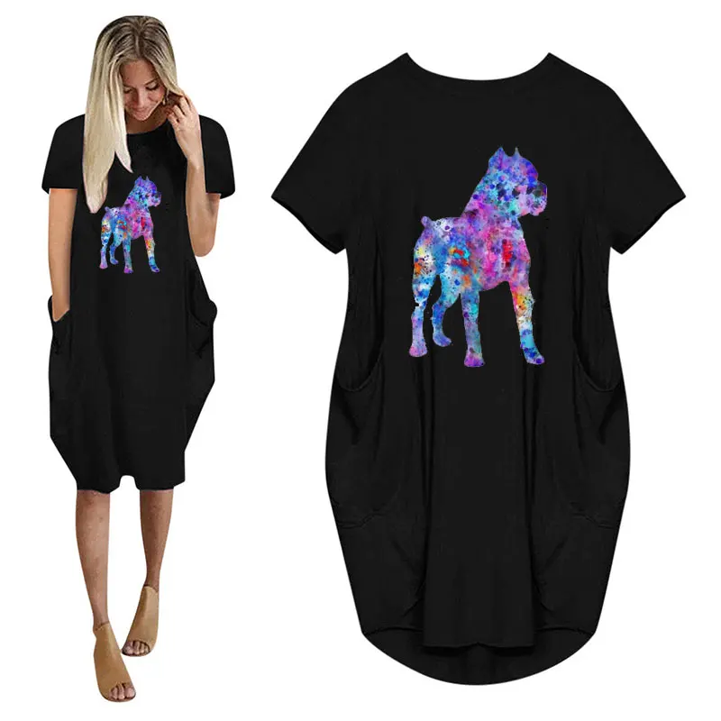 Watercolor Cane Corso Dog Print Women Summer Short Sleeve Dress With Pocket Ladies Fashion O Neck Tops Female T Shirt Dress