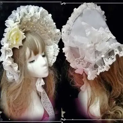 

Multicolour Victorian Cosplay Flower Multilayer Lace Bead Chain Bonnet BNT Vintage Soft Girl Lolita Handmade Bandge hat Headwear