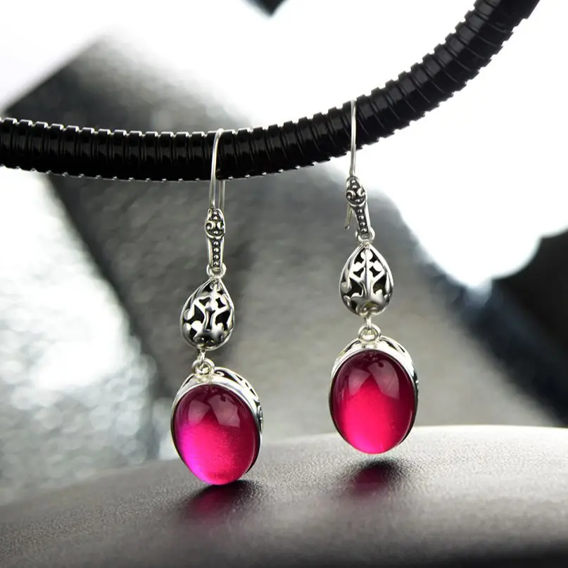 

High Quality S925 Silver Red Corundum Earrings Inlaid Carved Retro Long Fashion Temperament Earrings for Women