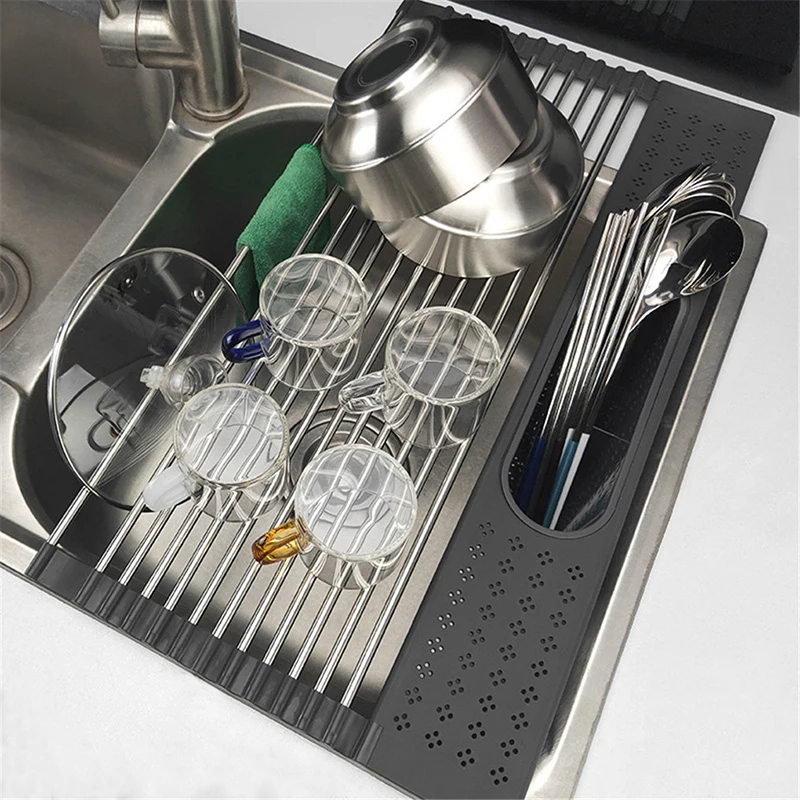 

Economical Roll-Up Sink Rack Foldable Stainless Steel Silicone Storage Drain Rack for Kitchen ds99