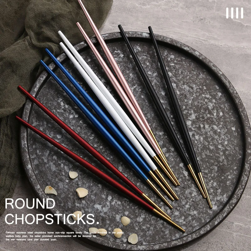 

5Pairs Gold Round Chopsticks Stainless Steel Chopsticks Restaurant Home Hotel Sushi Noodles Reusable Chopsticks Tableware Set