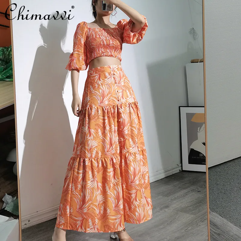 

2021 Summer New Women Two-Piece Suit Women Printed Short Sleeve Short Top Sweet Bohemian Fashion Long A-line Skirt