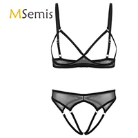 2pcs womens see through sheer mesh lingerie set open cups bra top with low rise crotchless briefs underwear