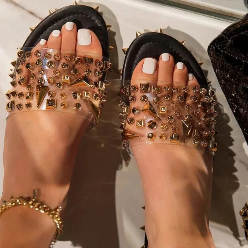 Women's Sandals Rivet Ankle Strap Style Buckle Ladies Slippers Transparent Snakeskin Bling Flats Summer Shoes Plus Size 2020