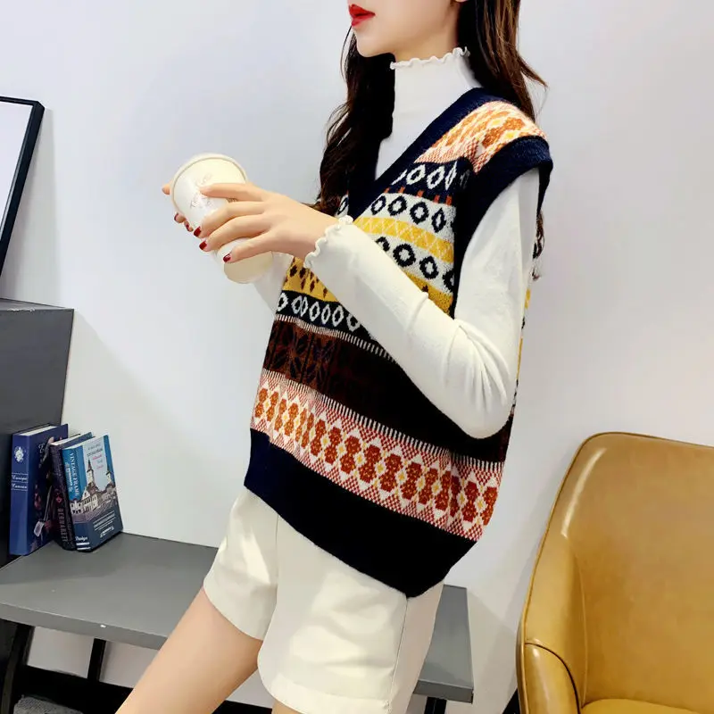 

Sweater Vest Women V-neck Printed Chic Elegant All-match Korean Style Preppy Autumn Knitted Students Stylish Fashion Vintage New