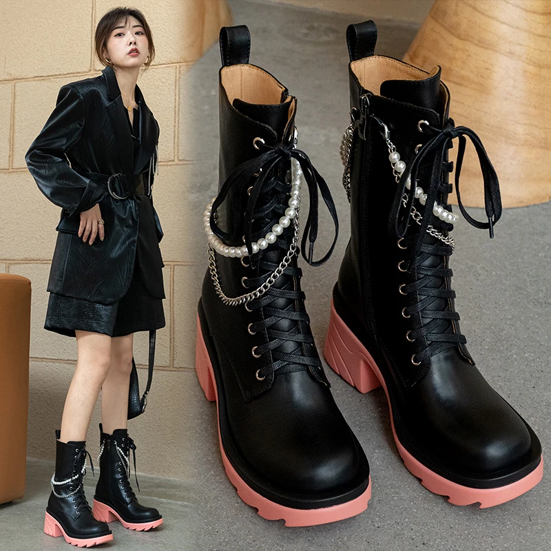 

Women mid-calf boots natural leather 22-25cm Autumn and winter Side zipper thin strap mid boots Cowhide chain motorcycle boots