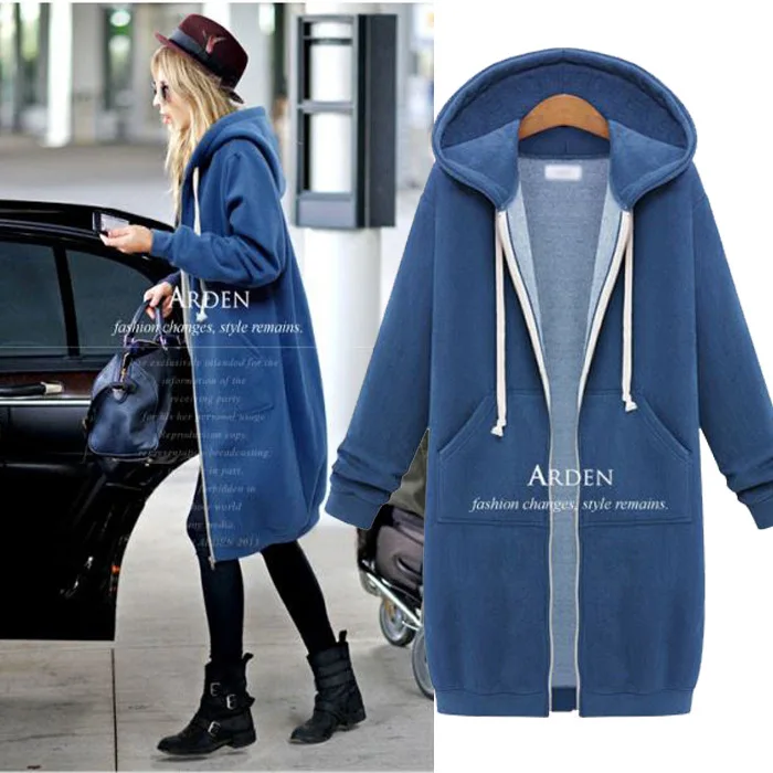 

Women Winter Sweater Hooded Long Sleeve Loose Pure Color Zipper Pocket Mid-length Large Size Plus Velvet Thicken Jacket Cardigan