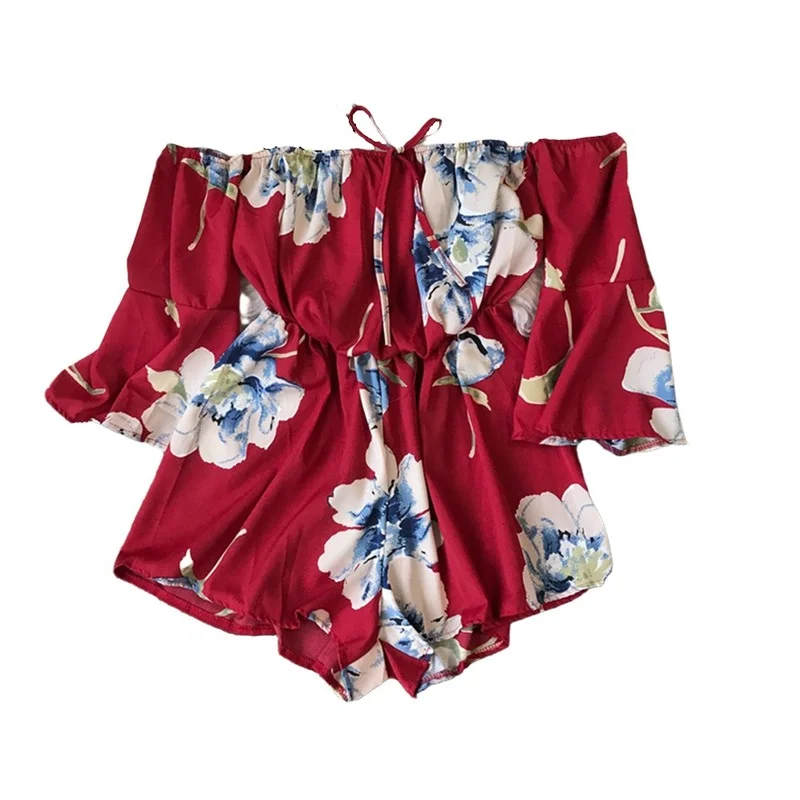2021 Summer New Slash Neck Women Jumpsuits And Rompers Floral Printed Short Chiffon Ruffles Lady Playsuits Top Quality |