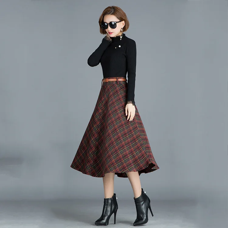 Woolen Skirts Plus size M-4XL Autumn Winter Vintage Plaid Wool Skirt Women Midi Long Elegant A Line Large Size | Женская одежда
