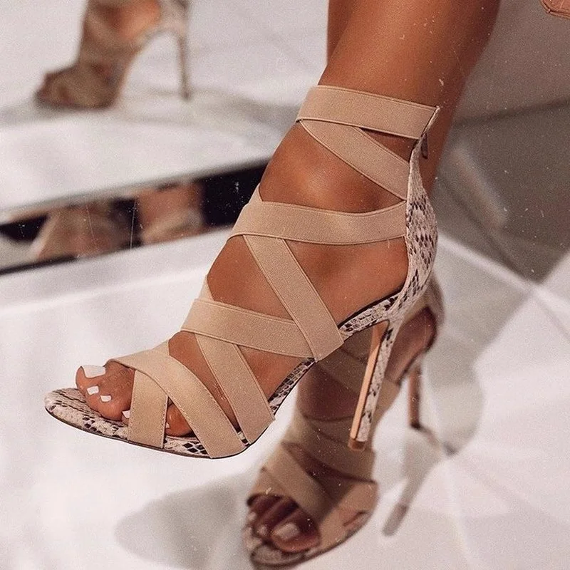 

Summer Snake Black Gladiator Shoes Woman Ankle Straps Platform Party Sexy Pumps Ladies High Thin Heels Pointed Toe Sandals