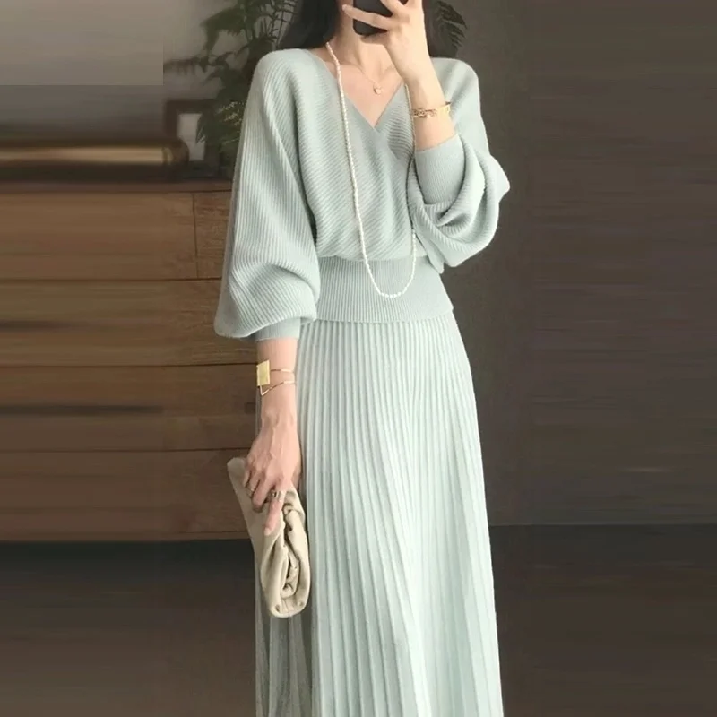 

Small Fragrance High-end Fashion Knitted Two Piece Set Women Long Sleeve Pullover Sweater Top + Pleated Long Skirt 2 Piece Suits