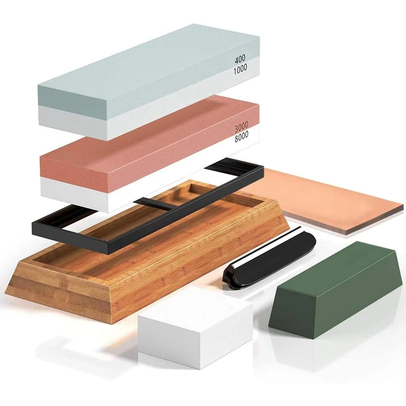 

Knife Sharpening Stone Set,400/1000 3000/8000 Grit Whetstone Kit,Flattening Stone,Leather Honing Strop and Polishing