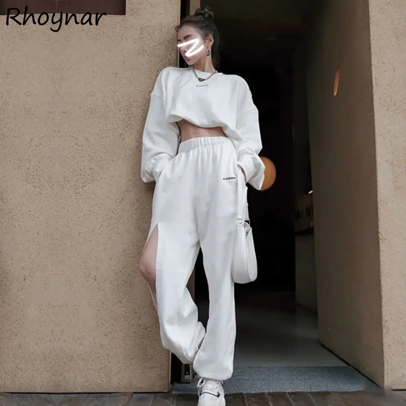 

White Sets Women Fashion Casual Pockets Elastic Waist Hollow Out Pants Cropped T-shirts Autumn Street Style 2 Pcs Warm Outfits